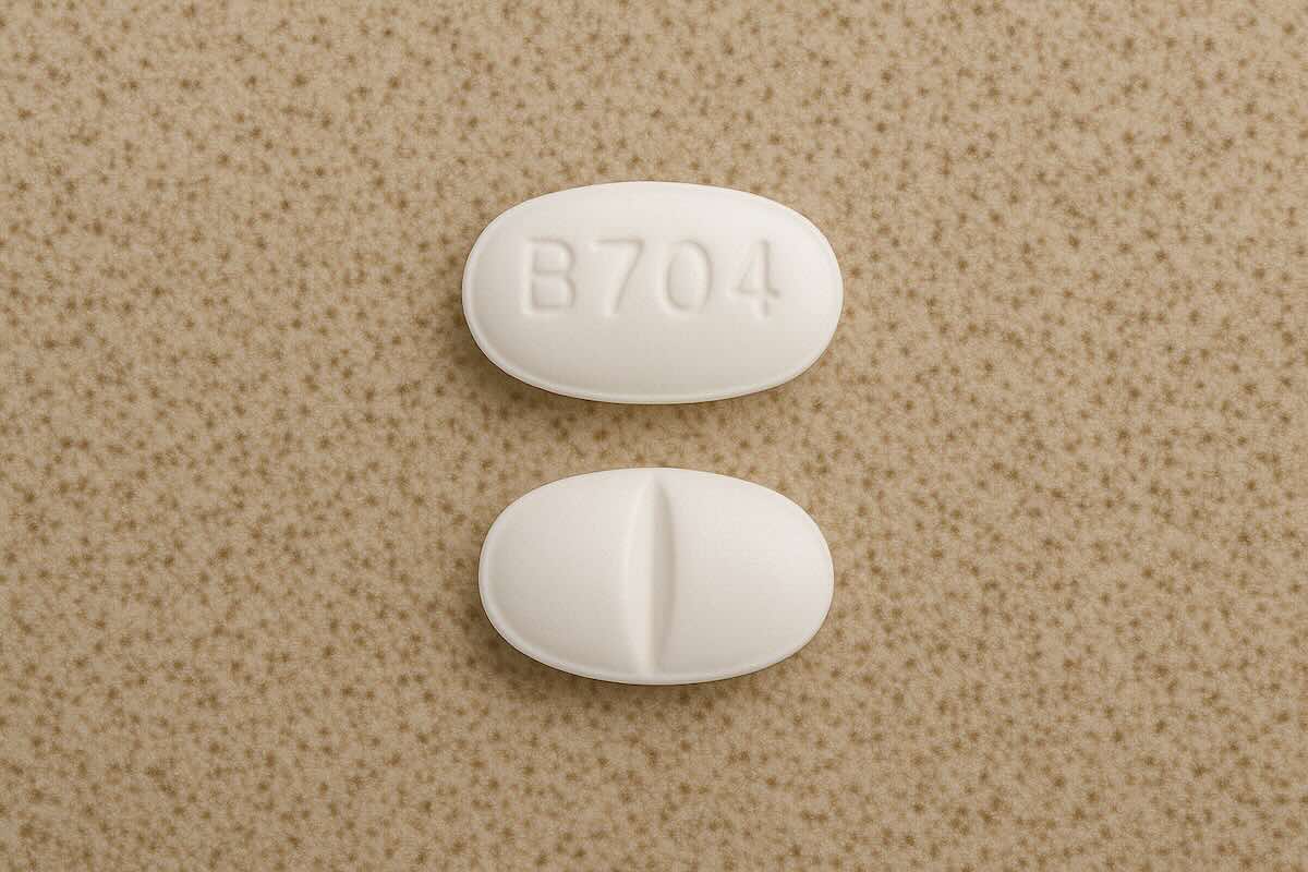 B704 alprazolam 0.25 mg white oval tablet on a pharmacy counter