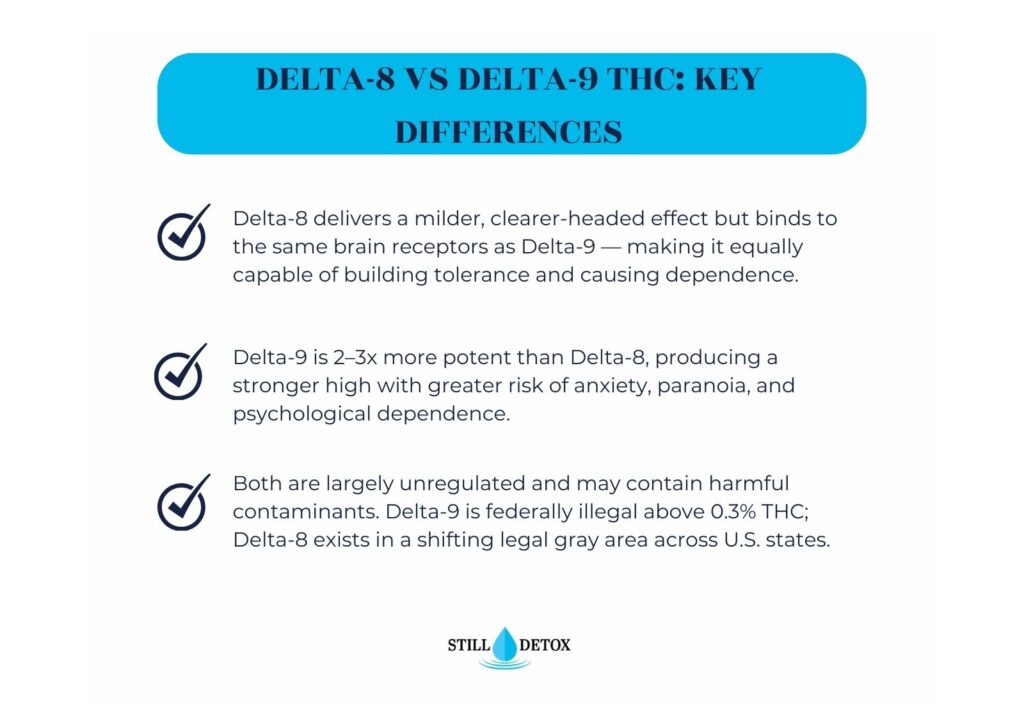 Delta-8 vs Delta-9 THC Key differences in effects, potency, and legal status. Still Detox infographic.